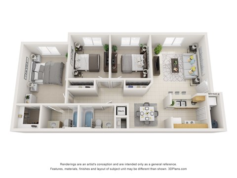 A 3D floor plan of a small apartment with a kitchen, living room, and bathroom.